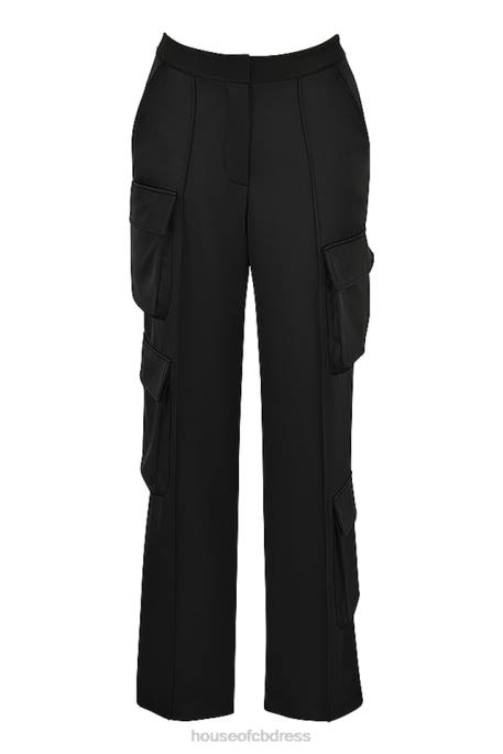 House of CB Daria Black Satin Straight Leg Cargo Trousers Clothing 4H6N942