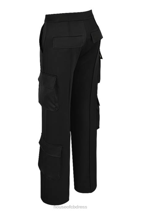 House of CB Daria Black Satin Straight Leg Cargo Trousers Clothing 4H6N942