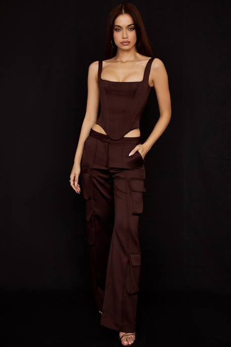 House of CB Daria Chocolate Satin Cargo Trousers Clothing 4H6N939
