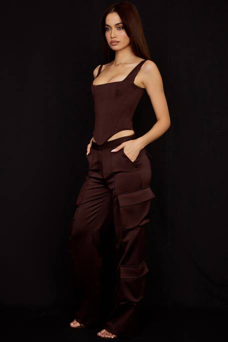 House of CB Daria Chocolate Satin Cargo Trousers Clothing 4H6N939