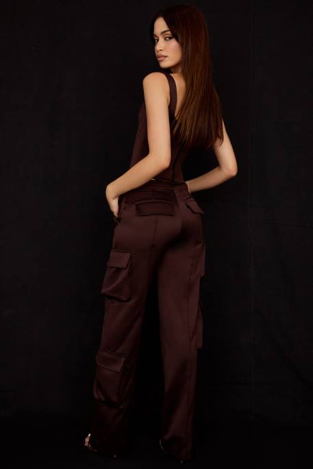 House of CB Daria Chocolate Satin Cargo Trousers Clothing 4H6N939
