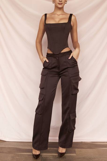 House of CB Daria Chocolate Satin Cargo Trousers Clothing 4H6N939