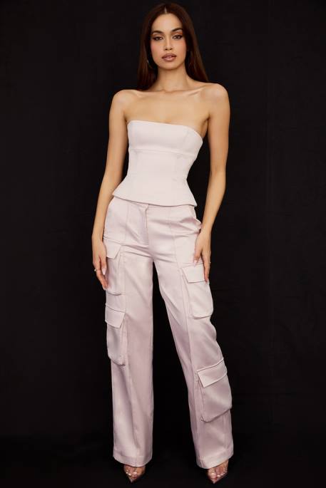 House of CB Daria Crystal Satin Straight Leg Cargo Trousers Clothing 4H6N941