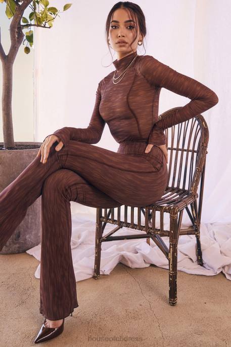 House of CB Erin Chocolate Print Mesh Flared Trousers Clothing 4H6N972