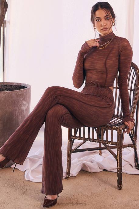 House of CB Erin Chocolate Print Mesh Flared Trousers Clothing 4H6N972