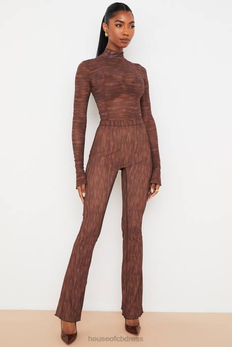 House of CB Erin Chocolate Print Mesh Flared Trousers Clothing 4H6N972