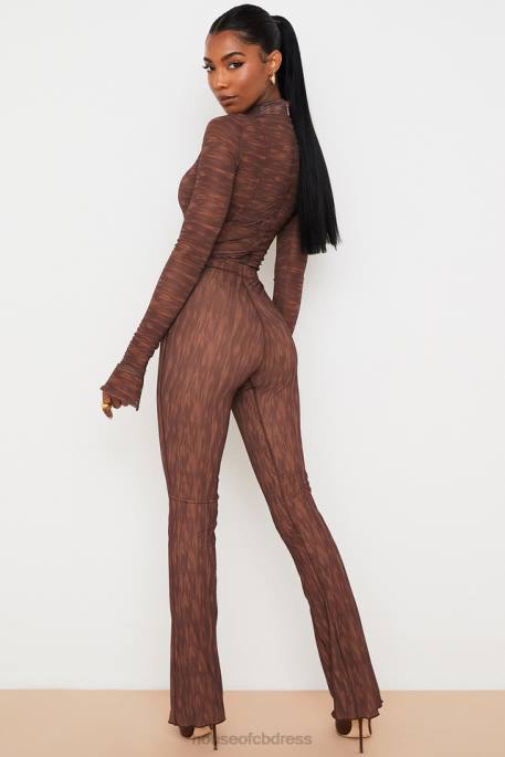 House of CB Erin Chocolate Print Mesh Flared Trousers Clothing 4H6N972