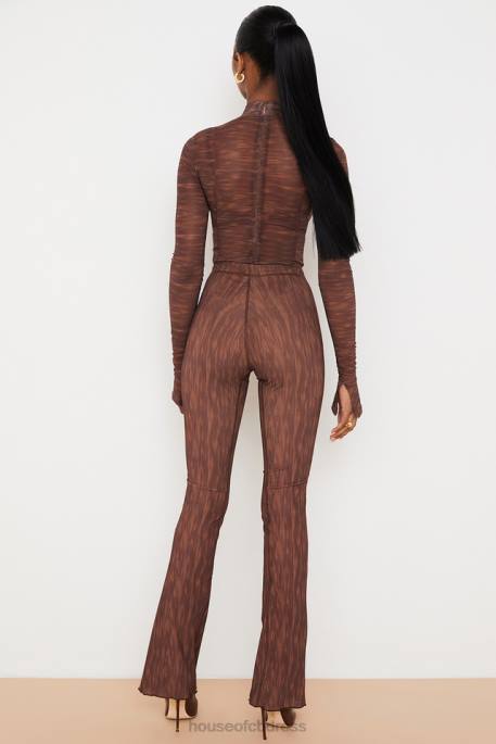 House of CB Erin Chocolate Print Mesh Flared Trousers Clothing 4H6N972