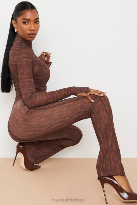 House of CB Erin Chocolate Print Mesh Flared Trousers Clothing 4H6N972