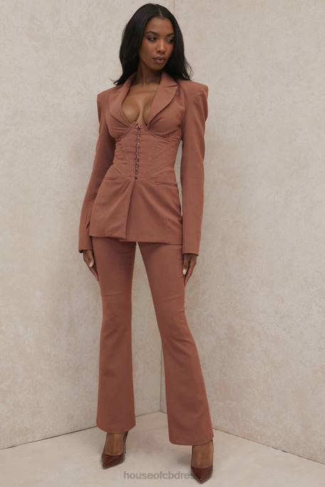 House of CB Noelani Mocha Linen Tailored Flare Trousers Clothing 4H6N974