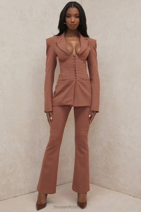 House of CB Noelani Mocha Linen Tailored Flare Trousers Clothing 4H6N974
