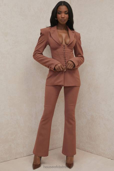 House of CB Noelani Mocha Linen Tailored Flare Trousers Clothing 4H6N974