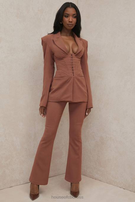 House of CB Noelani Mocha Linen Tailored Flare Trousers Clothing 4H6N974
