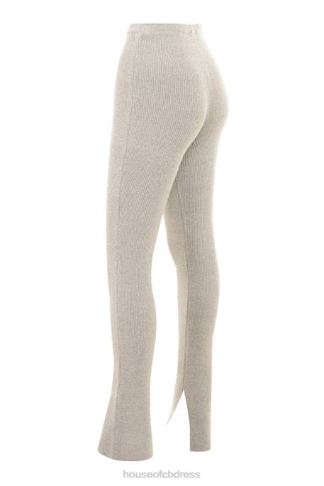 House of CB Raven Oatmeal Ribbed Knit Flared Trousers Clothing 4H6N949