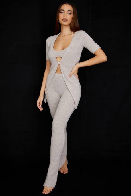House of CB Raven Oatmeal Ribbed Knit Flared Trousers Clothing 4H6N949