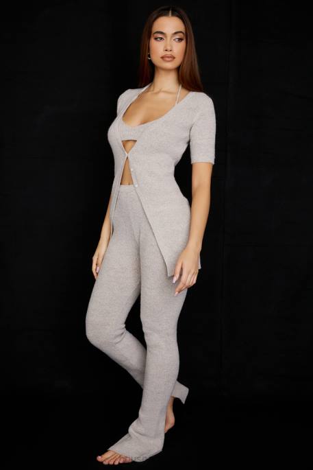House of CB Raven Oatmeal Ribbed Knit Flared Trousers Clothing 4H6N949
