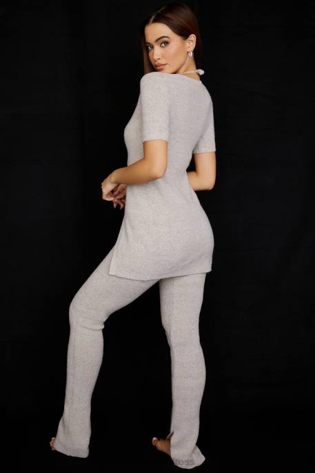 House of CB Raven Oatmeal Ribbed Knit Flared Trousers Clothing 4H6N949