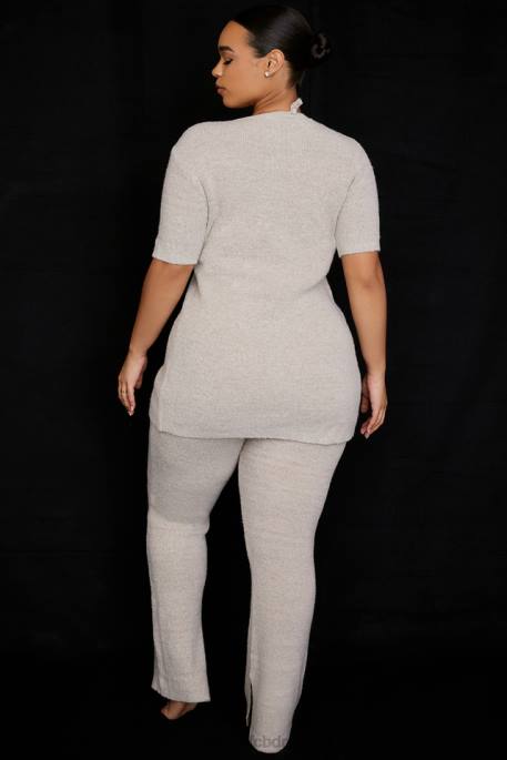 House of CB Raven Oatmeal Ribbed Knit Flared Trousers Clothing 4H6N949