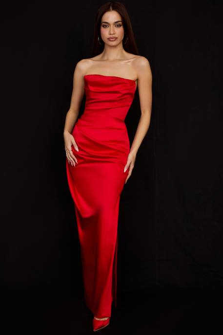 House of CB Adrienne Scarlet Satin Strapless Gown Clothing 4H6N507