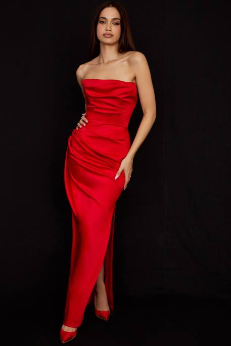 House of CB Adrienne Scarlet Satin Strapless Gown Clothing 4H6N507
