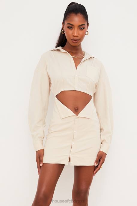 House of CB Julietta Beige Linen Cutout Shirt Dress Clothing 4H6N548