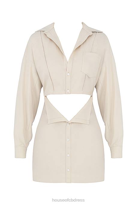 House of CB Julietta Beige Linen Cutout Shirt Dress Clothing 4H6N548