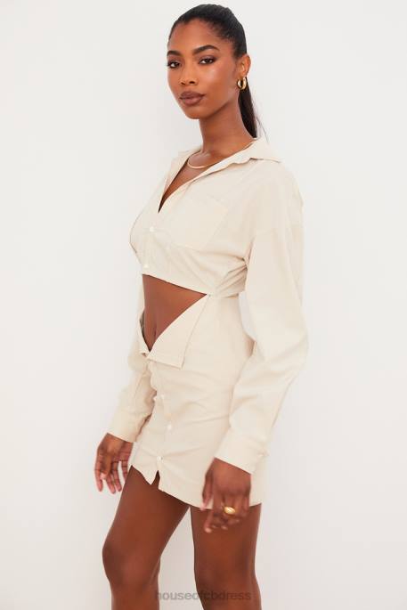 House of CB Julietta Beige Linen Cutout Shirt Dress Clothing 4H6N548