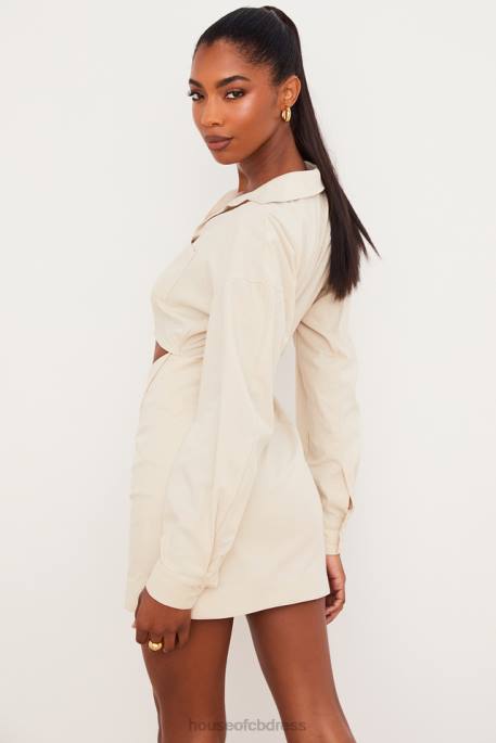 House of CB Julietta Beige Linen Cutout Shirt Dress Clothing 4H6N548