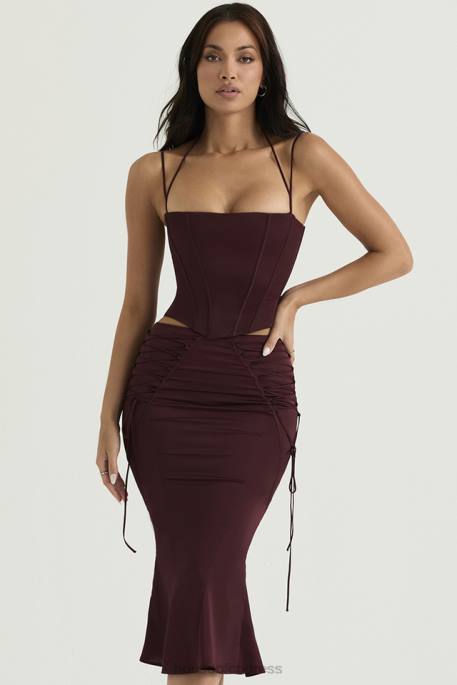House of CB Sidonie Wine Satin Lace Up Midi Skirt Clothing 4H6N376