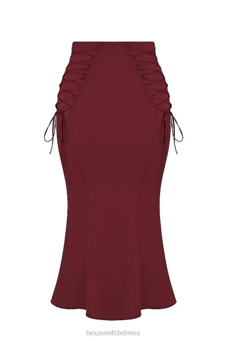 House of CB Sidonie Wine Satin Lace Up Midi Skirt Clothing 4H6N376