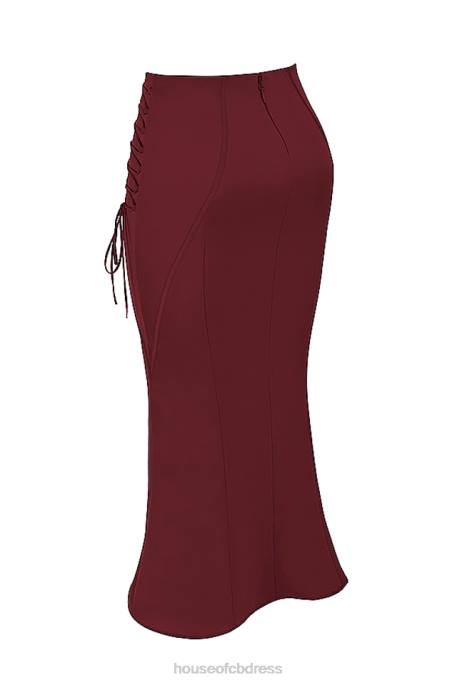 House of CB Sidonie Wine Satin Lace Up Midi Skirt Clothing 4H6N376