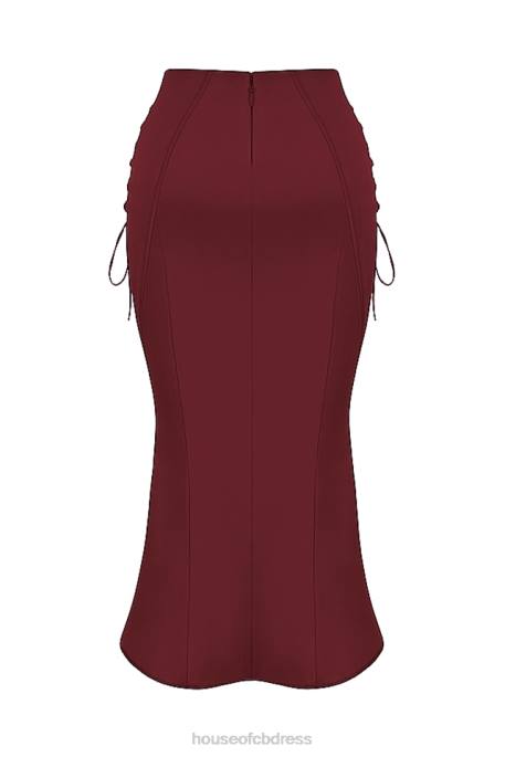 House of CB Sidonie Wine Satin Lace Up Midi Skirt Clothing 4H6N376
