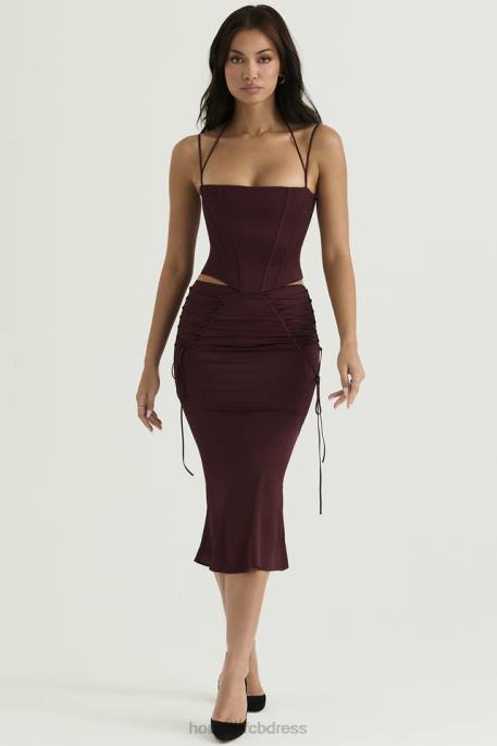 House of CB Sidonie Wine Satin Lace Up Midi Skirt Clothing 4H6N376