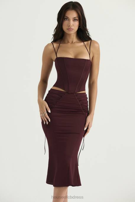 House of CB Sidonie Wine Satin Lace Up Midi Skirt Clothing 4H6N376
