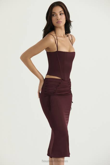 House of CB Sidonie Wine Satin Lace Up Midi Skirt Clothing 4H6N376