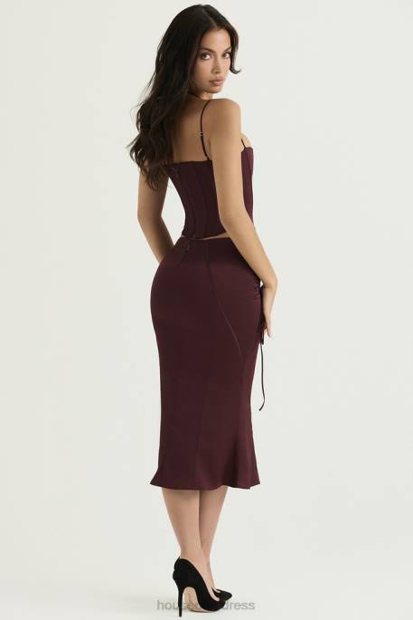 House of CB Sidonie Wine Satin Lace Up Midi Skirt Clothing 4H6N376