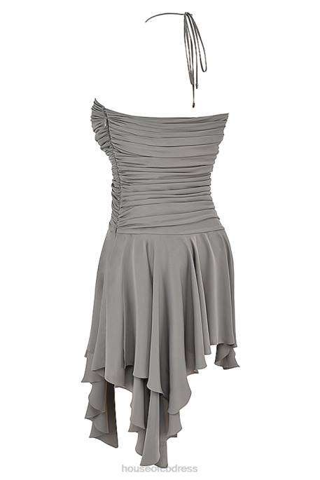House of CB Valeria Smoke Gathered Asymmetric Dress Clothing 4H6N364