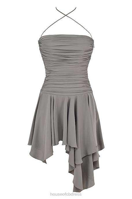 House of CB Valeria Smoke Gathered Asymmetric Dress Clothing 4H6N364