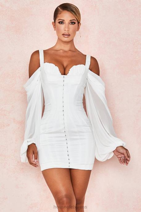 House of CB Eva White Corset Dress with Blouson Sleeves Clothing 4H6N611