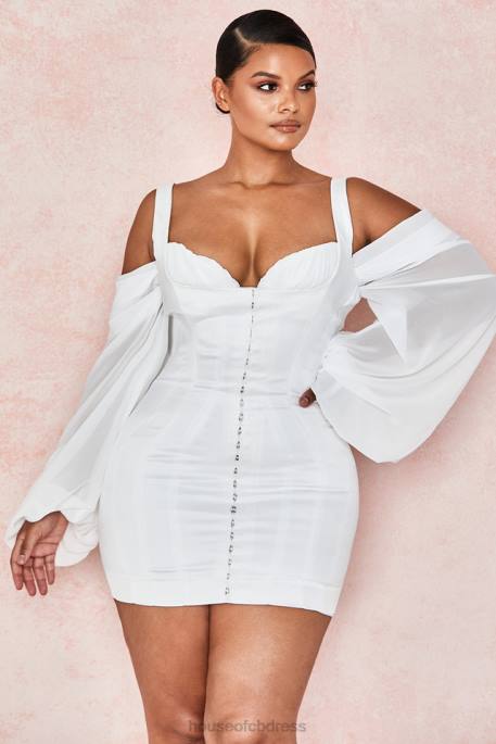 House of CB Eva White Corset Dress with Blouson Sleeves Clothing 4H6N611