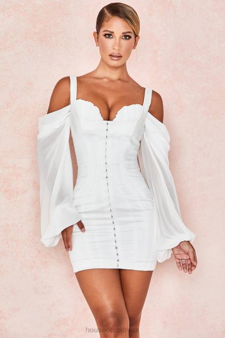 House of CB Eva White Corset Dress with Blouson Sleeves Clothing 4H6N611