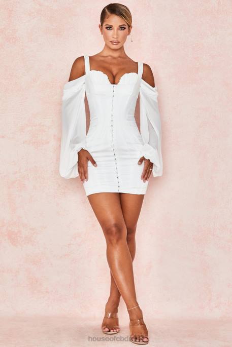 House of CB Eva White Corset Dress with Blouson Sleeves Clothing 4H6N611