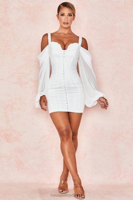 House of CB Eva White Corset Dress with Blouson Sleeves Clothing 4H6N611