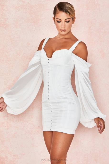 House of CB Eva White Corset Dress with Blouson Sleeves Clothing 4H6N611