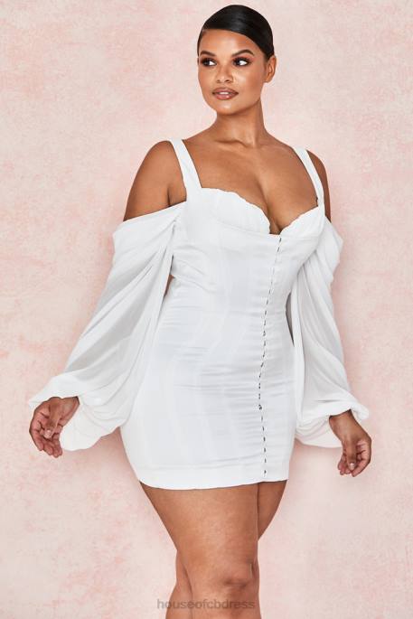 House of CB Eva White Corset Dress with Blouson Sleeves Clothing 4H6N611