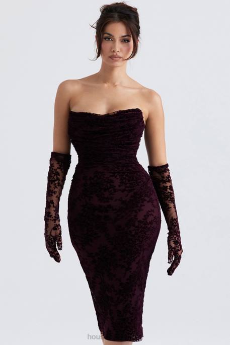 House of CB Isadora Black Cherry Devore Corset Dress Clothing 4H6N351