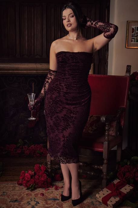 House of CB Isadora Black Cherry Devore Corset Dress Clothing 4H6N351