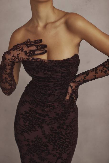 House of CB Isadora Black Cherry Devore Corset Dress Clothing 4H6N351