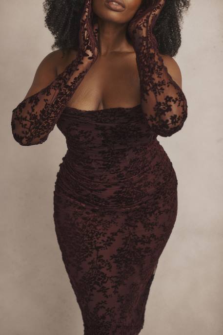 House of CB Isadora Black Cherry Devore Corset Dress Clothing 4H6N351