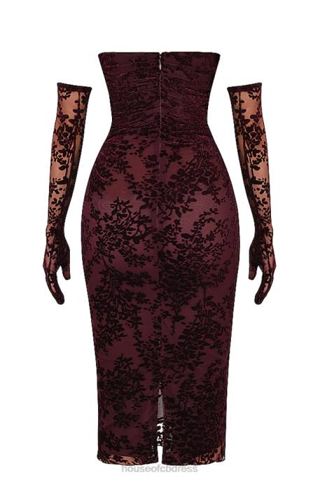 House of CB Isadora Black Cherry Devore Corset Dress Clothing 4H6N351